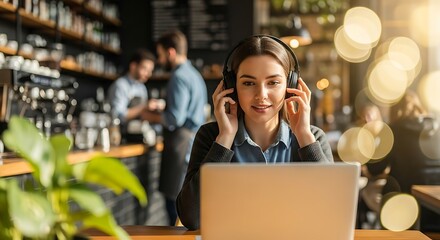 Focus and Flow: A woman immersed in her work, enhanced by headphones and a laptop, enjoying a coffee shop ambiance, productivity and serenity.