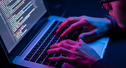 Coding at Dusk: An individual, engrossed in lines of code, types diligently on a laptop illuminated by the ambient glow of twilight, creating an immersive scene of technological innovation.