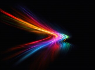 Image: A dynamic burst of vibrant, colorful light streaks across a deep black backdrop, hinting at motion and energy. The colors blend and merge, creating a visually stunning abstract display.