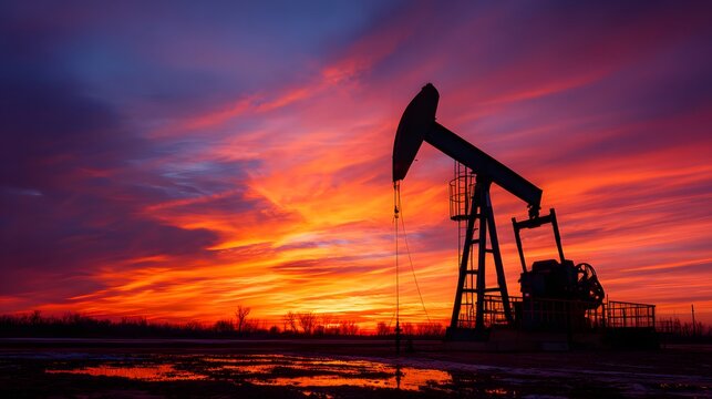 Industrial oil extraction machinery stands silhouetted against a dramatic, colorful twilight sky.