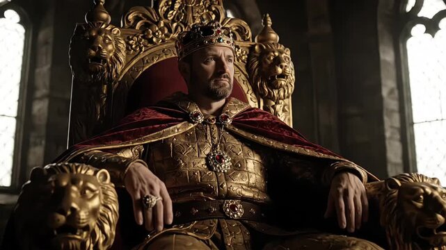A powerful monarch sits on a golden throne in a grand hall, adorned with royal regalia.