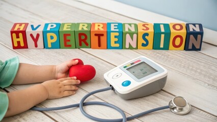 A child holding a toy heart near a blood pressure monitor