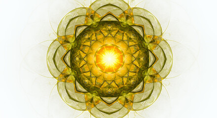Abstract Golden Sunburst Pattern with Symmetrical Geometric Shapes in Bright Yellow and Green Tones