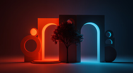 Abstract Neon Light Art Installation with Tree and Geometric Shapes in Dark Atmosphere