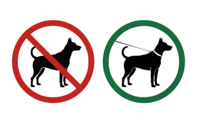 A sign showing a dog with a red circle and line and a dog with a green circle on transparent background
