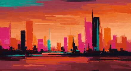 Abstract Colorful City Skyline Painting with Vibrant Pink Orange and Blue Hues