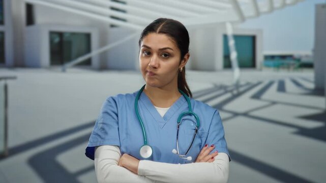 Woman in blue scrubs with stethoscope stands confidently outdoors at a modern hospital, projecting professionalism and calm.