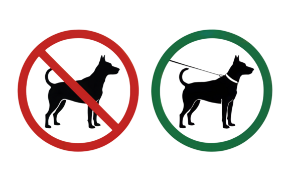 A sign showing a dog with a red circle and line and a dog with a green circle on transparent background
