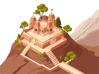 mountain temple complex, stairs ascending hillside, domed sanctum, surrounding trees, sacred pilgrimage destination, isometric landscape illustration, cultural heritage