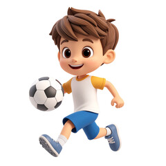 PNG image of a 3D animated boy running with a soccer ball, capturing youth sports energy, athletic action, and playful movement, perfect for sports, fitness, and kids themes