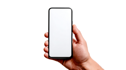 Vertical smartphone with blank white screen held by hand against black background, ideal for showcasing apps, mobile UI, or minimalist tech concepts.
