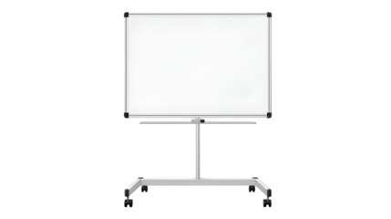 Blank freestanding whiteboard with metal frame and caster wheels, ideal for office, classroom, or presentation use in minimalist and professional environments.