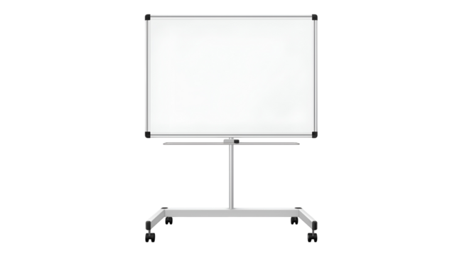 Blank freestanding whiteboard with metal frame and caster wheels, ideal for office, classroom, or presentation use in minimalist and professional environments.