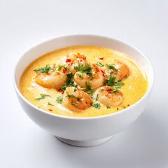Creamy Shrimp Curry or Prawn Soup in White Bowl on White Background, Gourmet Seafood Dish