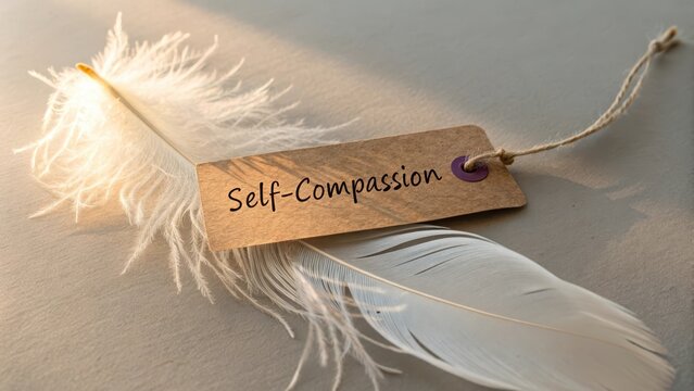 A wooden tag with self compassion text on a soft feather