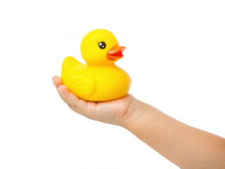 A hand holds a bright yellow rubber duck against a black background, highlighting its playful design and vibrant color.