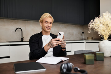 Young man enjoying technology moment in stylish apartment setting