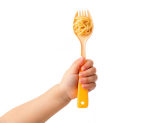 A hand holds a yellow-handled fork with a swirl of pasta, set against a black background, creating a striking culinary image.