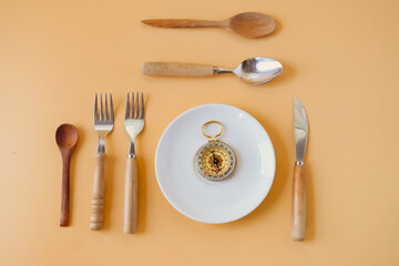 Spoon,Fork and knife with compass on Empty plate.