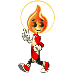 cute candle mascot cartoon vector illustration with light flame characterwalk and giving peace sign, isolated for holiday and celebration design, work of hand drawn
