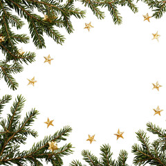 Obraz premium Asymmetric New Year’s frame with spruce branches and gold stars. Isolated white background. Png format