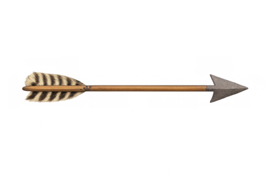 Wooden arrow with feather fletching and stone arrowhead for archery, hunting, and medieval themes on transparent background