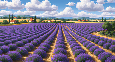 Lavender Field Landscape with Blue Sky and Fluffy Clouds in Rural Countryside