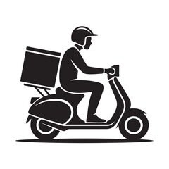 Silhouette of a delivery man on a scooter with a package isolated on white background, representing efficient urban logistics