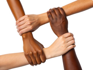 Diverse hands interlocked in a gesture of unity and solidarity.