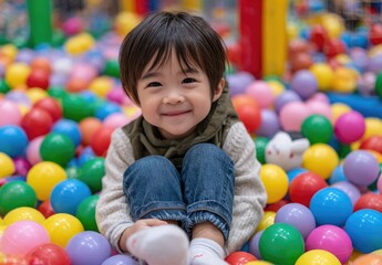 Obraz premium a happy boy sits in the ball pool of an indoor playground, surrounded by colorful balls and games