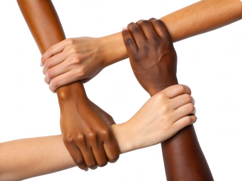 Diverse hands interlocked in a gesture of unity and solidarity.