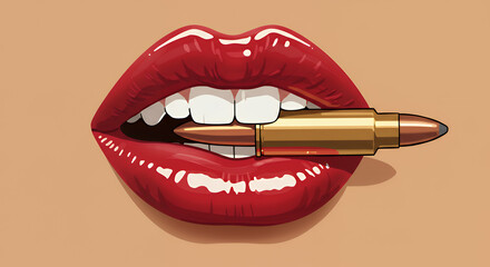 Glossy Red Lips Holding Lipstick with Teeth Close Up in Artistic Style