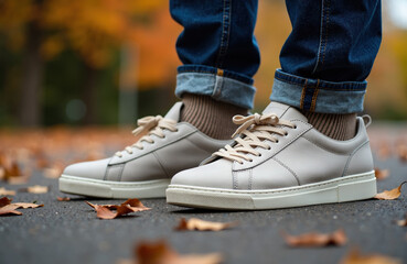 Casual white sneakers worn with rolled-up jeans on an outdoor path during autumn