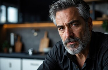 Obraz premium A mature man with gray hair and beard looks serious in a modern kitchen setting