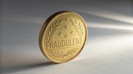 Close up of golden fraudulent coin in bright daylight