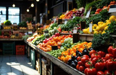 Colorful fresh vegetables and fruits displayed on market shelves in a bright indoor setting © starush