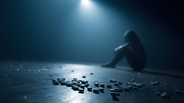 Isolated figure huddled in darkness surrounded by scattered medication under a single overhead light