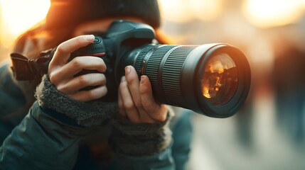 Person holding a professional camera with a large lens to capture an image outdoors during golden hour