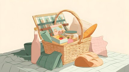 Woven basket filled with provisions rests upon a checkered cloth for an outdoor meal setting