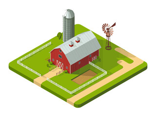 isometric barnyard scene, farmhouse with metal roof, grain silo, fenced pasture, wind vane, countryside agriculture, clean vector artwork