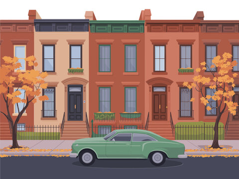 Rowhouse streetscape illustration, autumn trees, parked sedan, classic brick facades, residential city block, urban architecture design vector