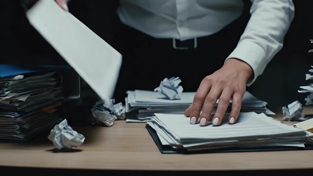 Overworked Businessman Signing Documents at a Messy Desk Late at Night.