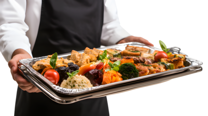 Waiter holding a tray full of delicious food isolated on transparent background