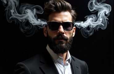 Obraz premium Man with beard and sunglasses exhaling smoke against a dark background