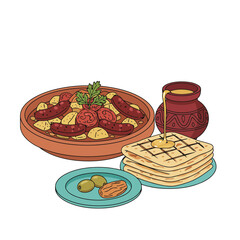 Moroccan Tagine dish with honey glazed flatbread and traditional side platter