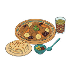Authentic Moroccan vegetable Tagine with bread and mint tea illustration