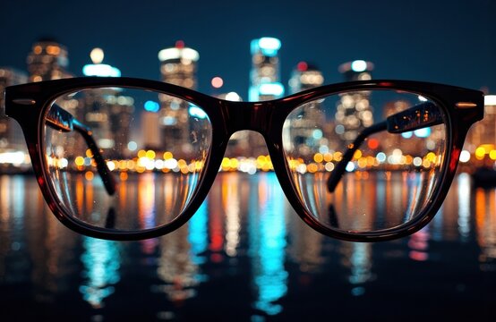 Close-up of eyeglasses with city skyline reflections at night creating a vibrant urban atmosphere
