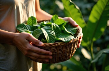 Obraz premium Woman holding a wicker basket filled with fresh green leaves in a lush garden setting
