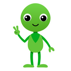 Cute Green Alien Giving Peace Vector Illustration