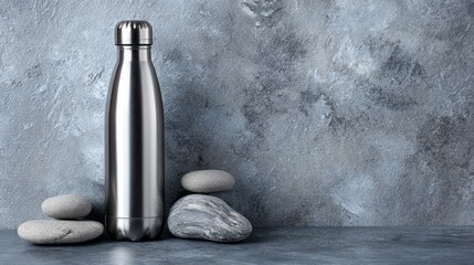 Shiny metal beverage container rests beside smooth stones against a textured gray background